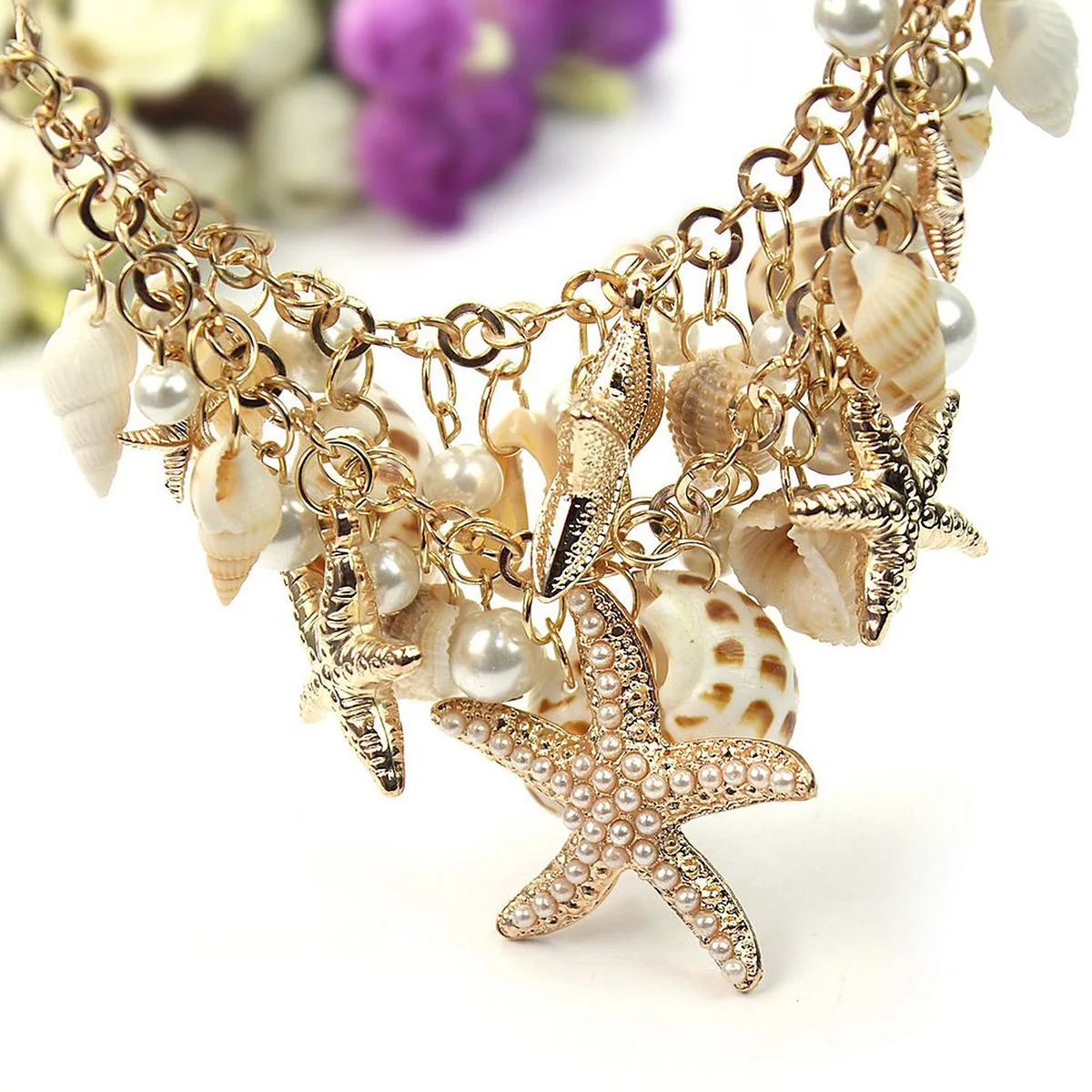 

Women Sea Shell Pearl Pendant Necklace Collar Chain Golden 50Cm Five-Pointed Star Shell Necklace Stylish Accessory for Ladies