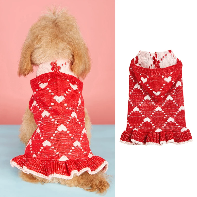 Pet Hooded Sweater Dress Heart Ruffled Hem Contrast Color Trim Pet Fall Princess Dress for Small and Medium Dog