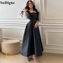 SoDigne Elegant Black Evening Dresses Square Neck A-Line Beading Pleated Ankle Length Party Dress 2024 Formal Occasion Prom Gown