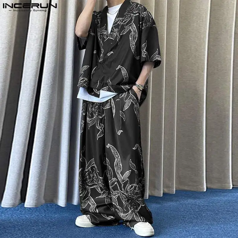 Korean Style Summer Men Printing Sets Casual Half Sleeve Tops Long Elastic Waist Pants Bottun Pocket V-neck Streetwear Oversize