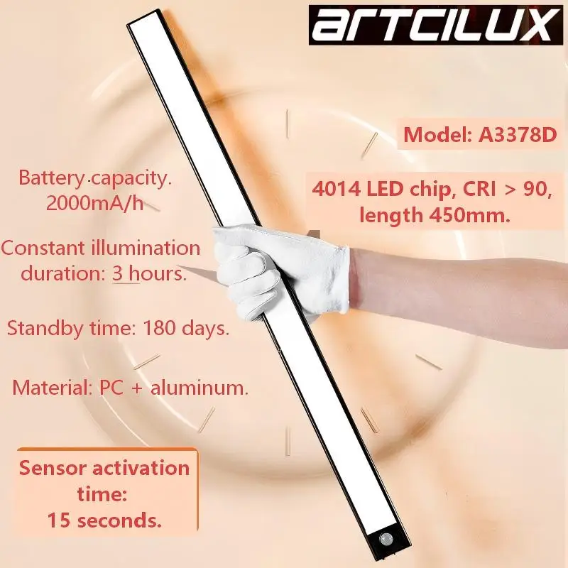 ARTCILUX Rechargeable Motion Sensor LED Light Bar, USB Charging Closet Light for Kitchen, Wardrobe, Stair, No Drilling Required