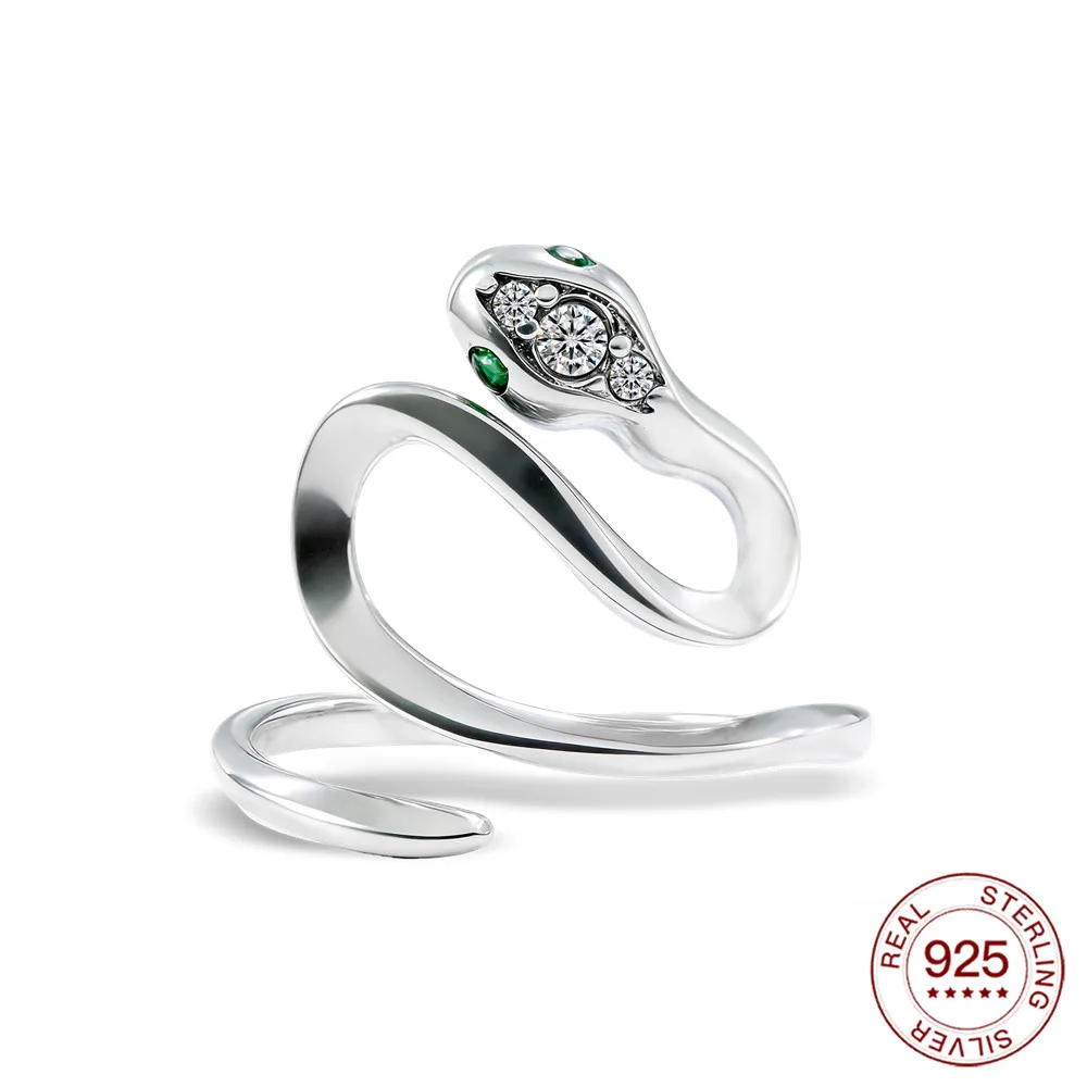 925 Sterling Silver Snake Wrap Ring Green CZ Eye & Clear CZ Pave Design Adjustable Serpent Ring For Women Gothic Jewelry Gift