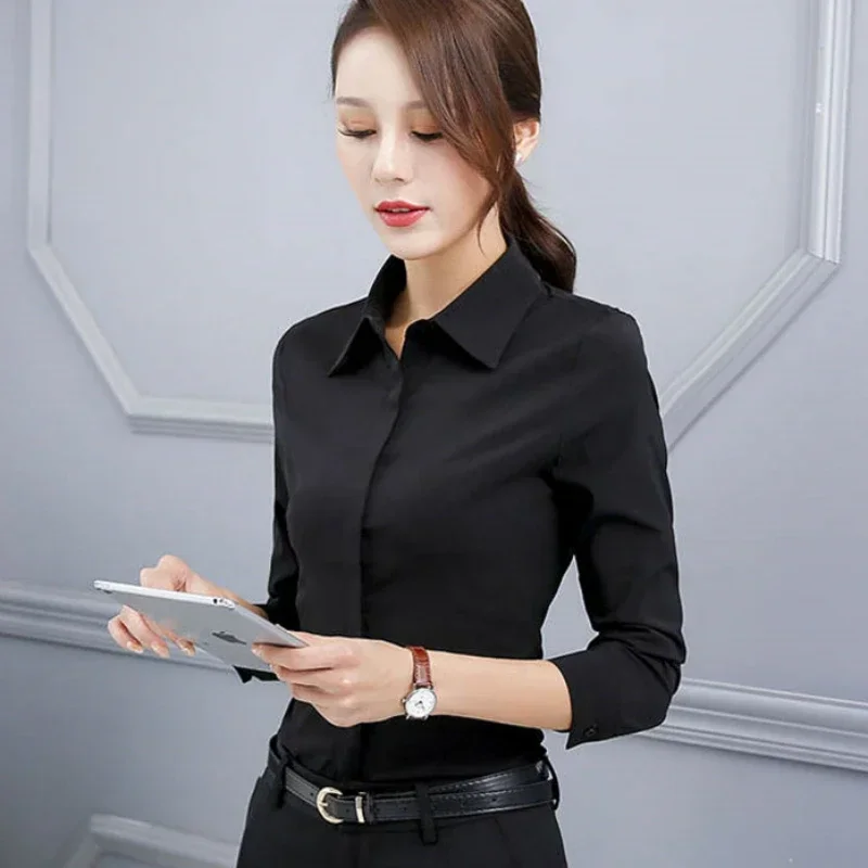 Long Sleeve Office Blouse for Women, Casual Bodysuit Tops, Wrinkle Resistant, Korean Silky, Plus Size, Black, Summer