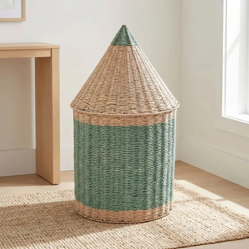 Colored paper rope woven pencil storage basket, dirty laundry basket, basket with lid, household room toy finishing