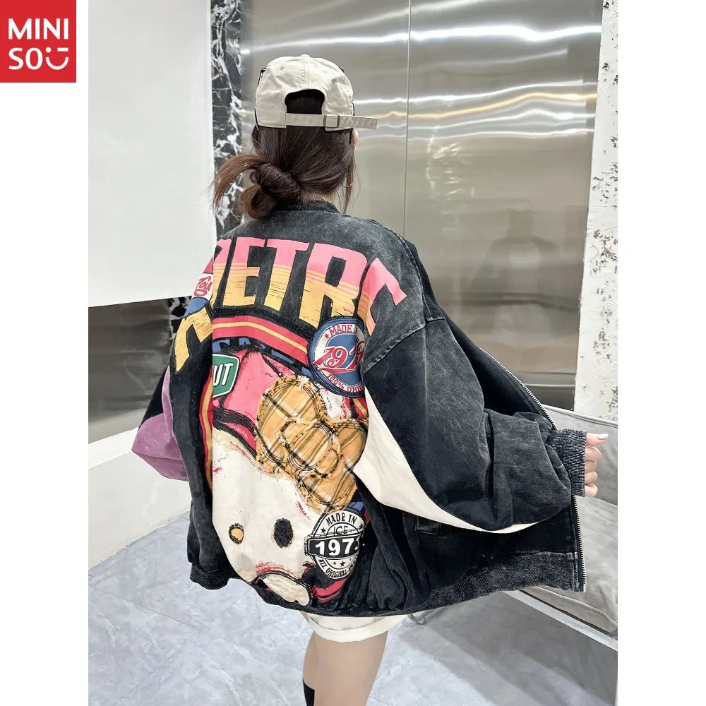 

Джинсовая куртка Miniso с вышивкой и блестками, женская новая высококачественная куртка в иностранном стиле в ленивом стиле