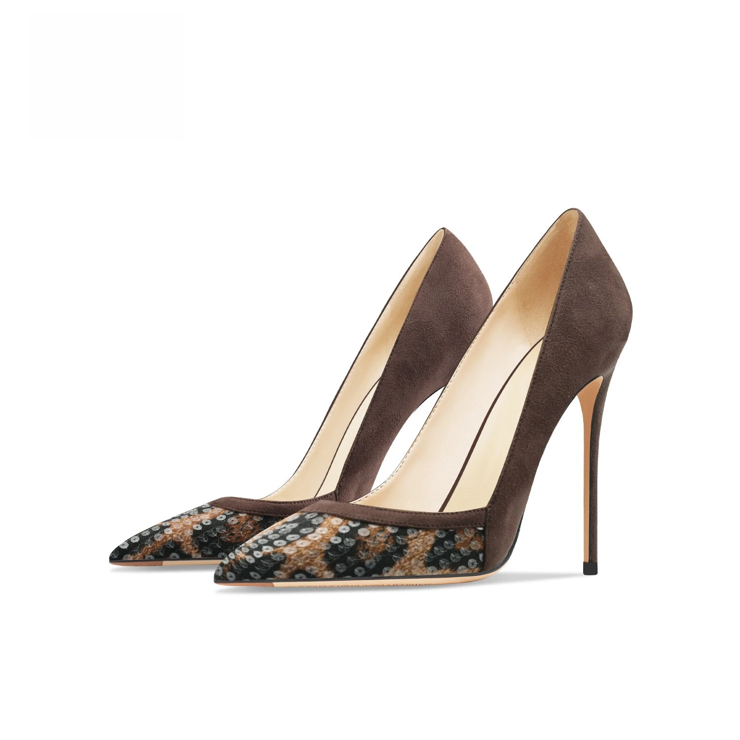 

Splicing Sequined Suede High Heels 2026 New Pointed Head Shallow Mouth Stiletto Commuting Breathable Comfortable Single Shoes