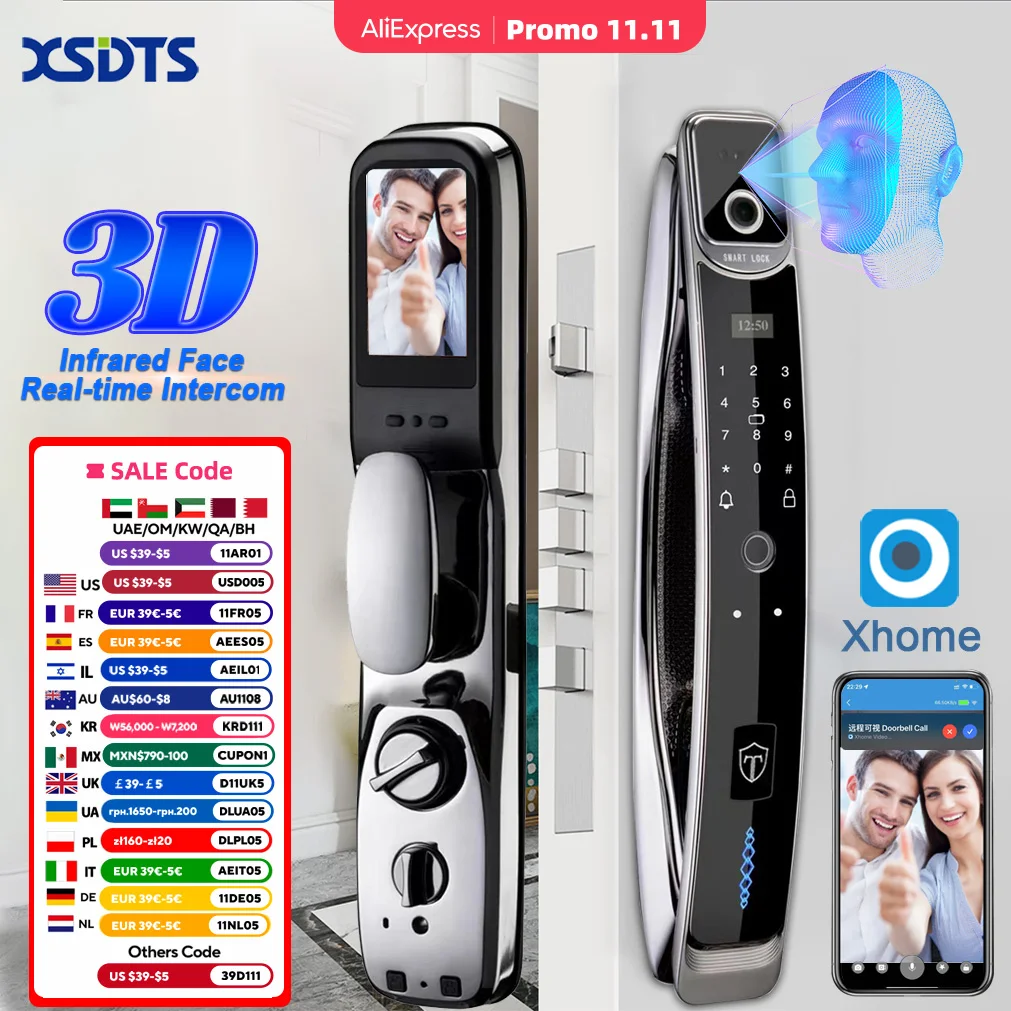 

3D Face Real-time Intercom Smart Door Lock Security Face Camera Intelligent Fingerprint Password Biometric Electronic Key Unlock