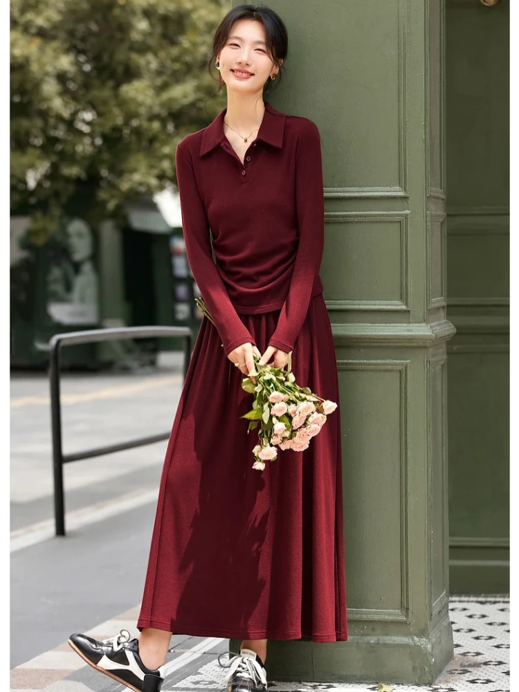 

VIMLY Fall 2025 Fashion Woman Red Skirt Set Polo Neck Knitted Folds Tops Long A-line Skirts Elegant Ladies Two Piece Sets A2566