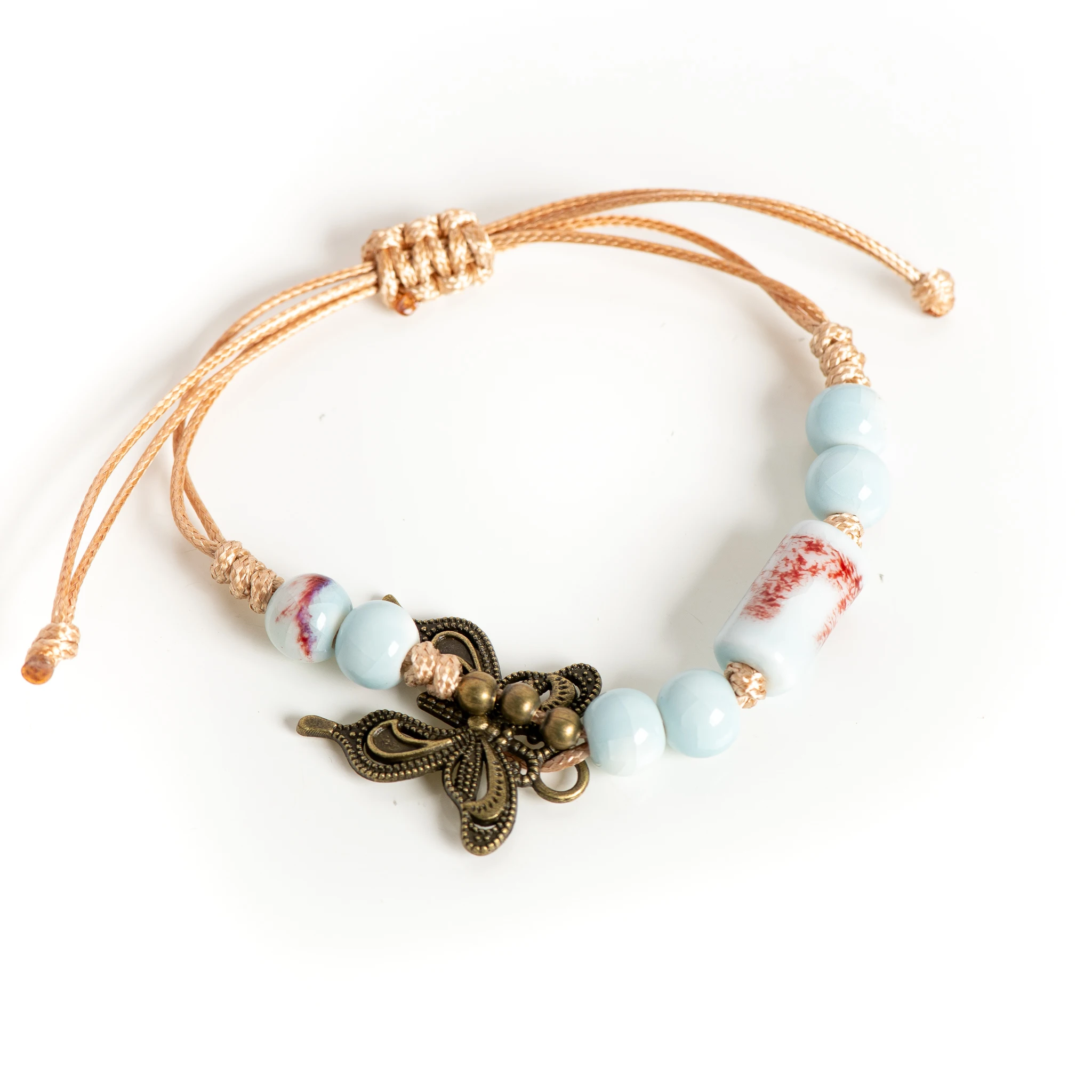 Handmade Multicolor Ceramic Bead Bracelet with Butterfly Charm Adjustable 15-25cm