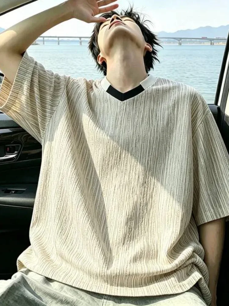 Casual Loose Textured Top Men's Versatile Pullover Patchwork Short Sleeve T Shirt 2026 Summer New 235TE