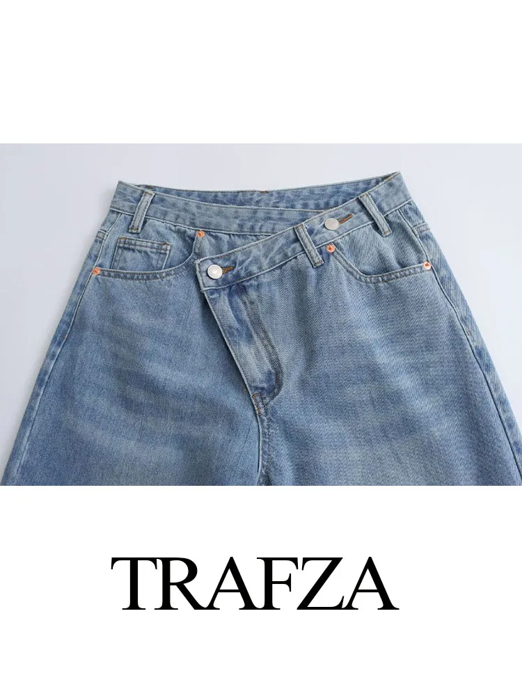 TRAFZA 2024 Female Fashion Straight Pants Solid High Waist Pockets Buttons Decorate Zipper Jeans Autumn Long Pants Woman Trendy