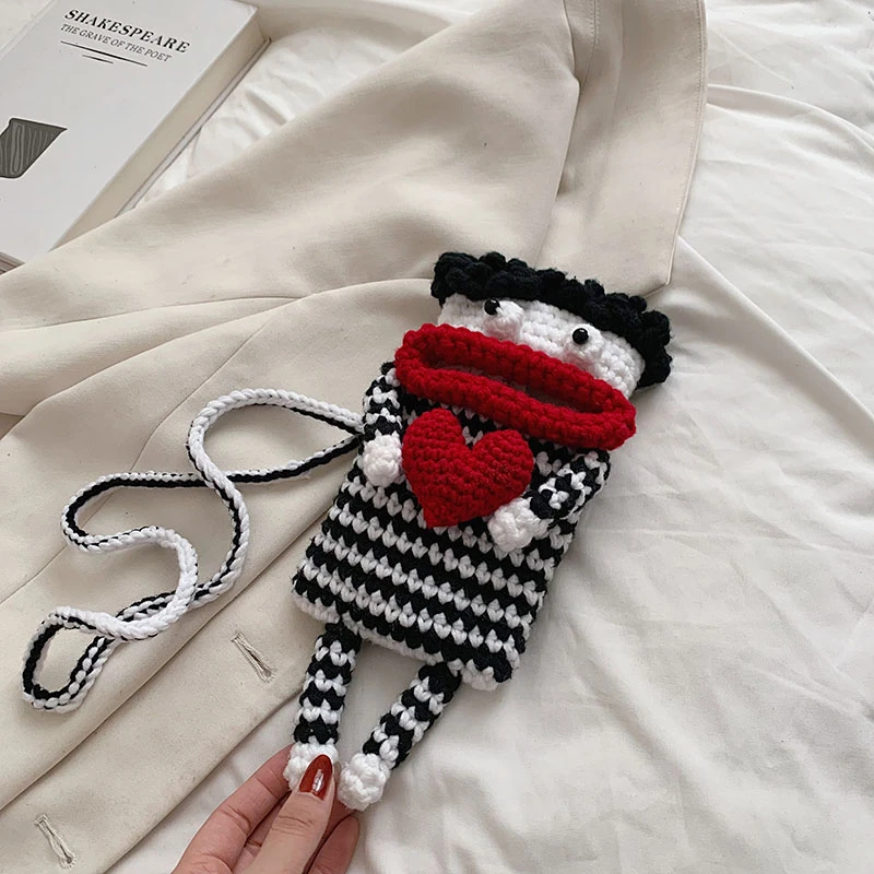 Handmade Knit Handbag Women Girls Phone Bags Cartoon Crossbody Bag  Sausage Mouth Small Messenger Bag Coin Purse  Woolen bag