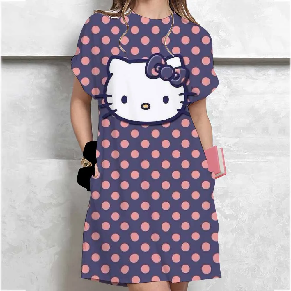ชุดเดรสยาวของผู้หญิงแฟชั่นฤดูร้อนสาว Hello Kitty พิมพ์ขนาดใหญ่ลําลองคอกลมแขนสั้นมินิเสื้อยืดชุด ﻿