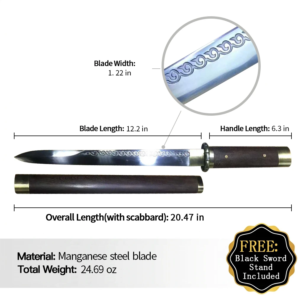 Chinese Short Flame Pattern Tang Sword Manganese Steel Alloy Fittings & Pear Wood Scabbard Longquan Sword Home Decor