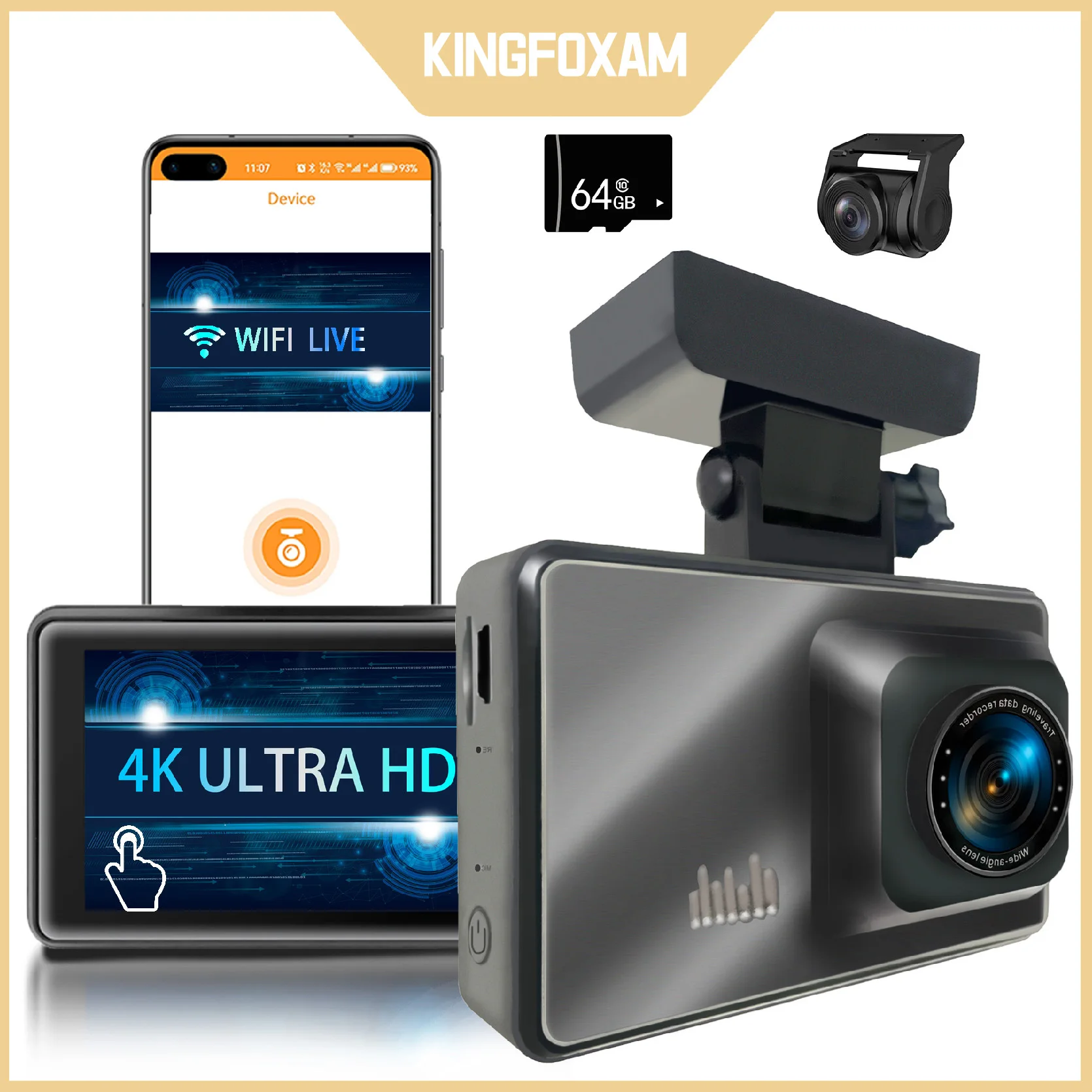 KINGFOXAM DashCam 4k Car Camera Front and Rear DVR Built-in Wi-Fi Night Vision Reversing 24HParking G-sensor With Free 64GB Card