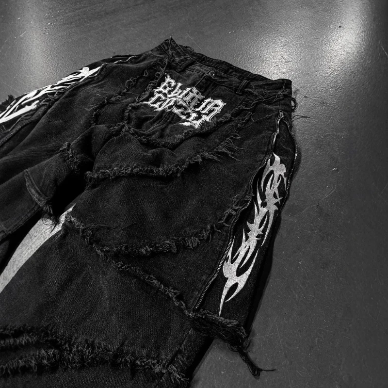 Mens Jeans Y2K Vintage Patchwork Embroidery Stripe Fur Trim Zip Denim Pants Harajuku Unisex Loose Fit Streetwear Retro Fashion view 3