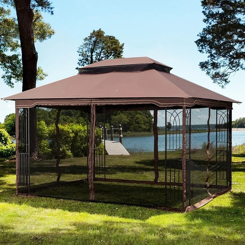 Mampara de malla desmontable con techo doble ventilado y mosquitera en todos los lados, adecuada para césped, jardín, patio trasero y cubierta, parte superior marrón