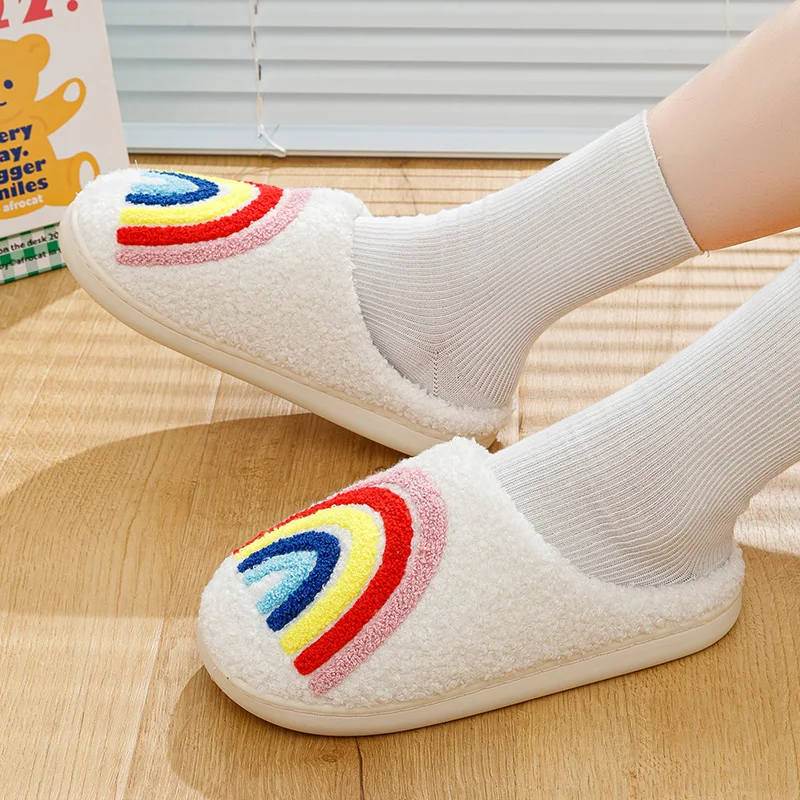 Rainbow Women's Slippers Fluffy Cushion Fashion Slides Cute Women Comfortable Houseshoes Good Vibes Winter Toe Wrap Shoes