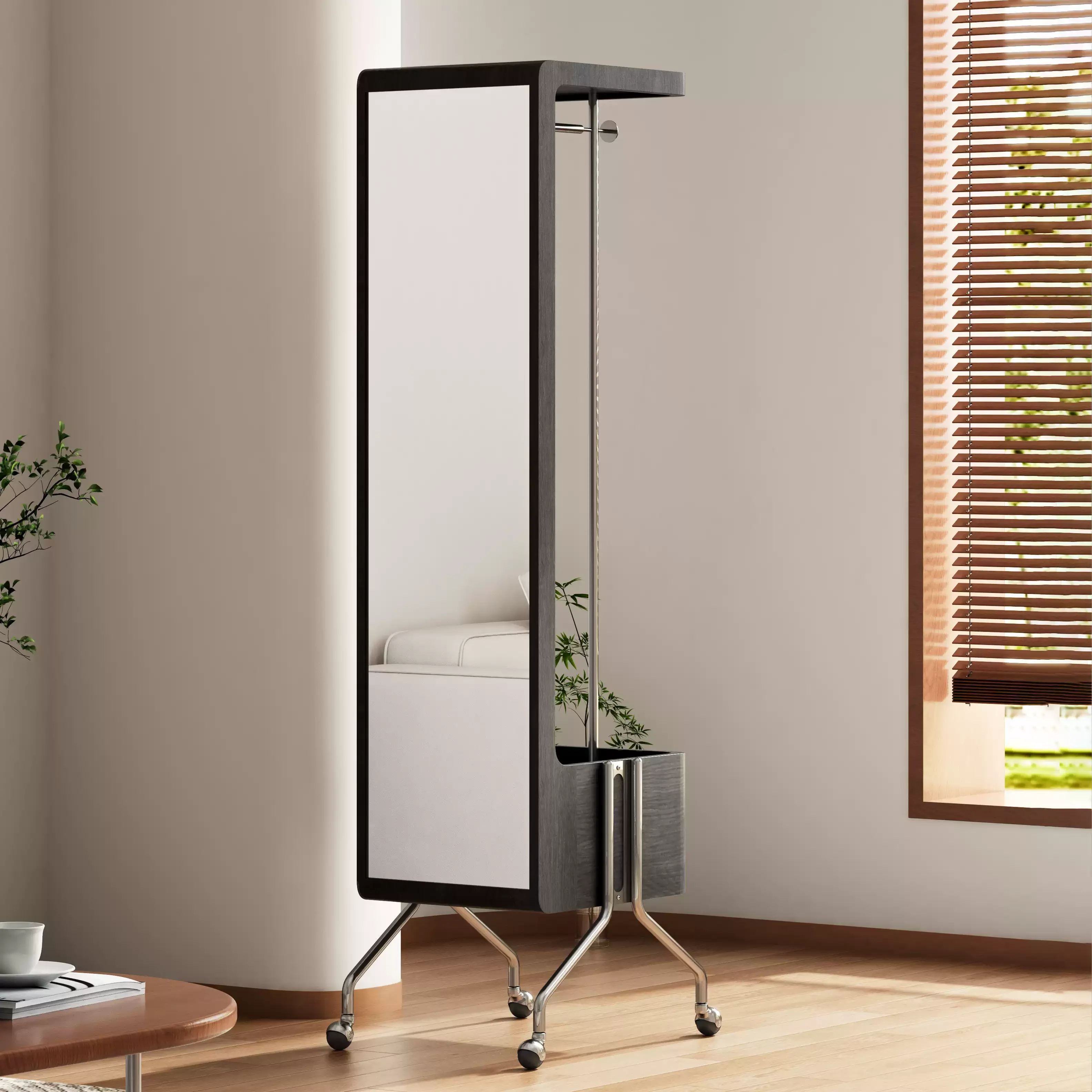 Household multi-functional solid wood mobile full-length mirror and coat rack are integrated.