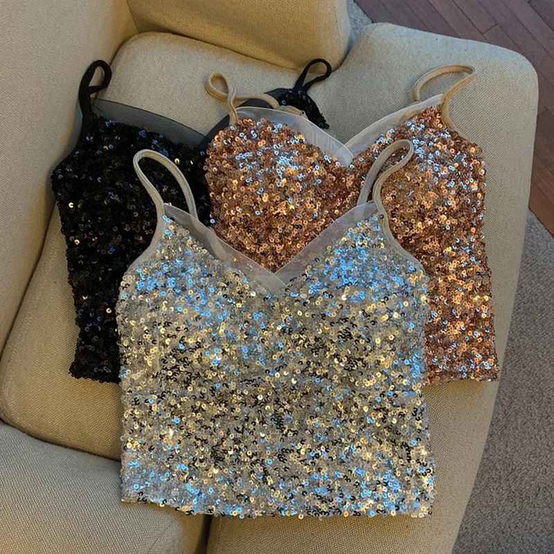 Sexy Sequin Party spaghetti Croset Bustier backless Slim Tanks and Camis Strap Glitter Crop Top Fashion Summer Women Clothes Y2k