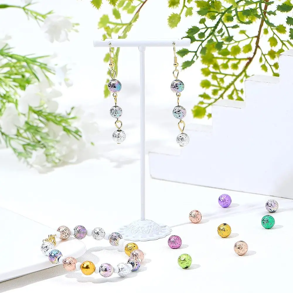 250 Pcs Electroplated Lava Beads Strands 2 Rolls Elastic Thread 10 Colors Round Beads for Essential Oil Bracelet Jewelry Making
