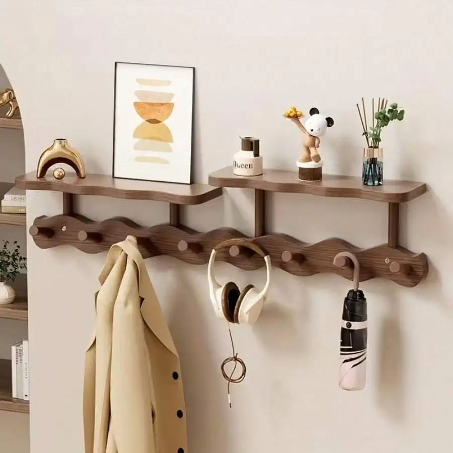 Retro Wood Wall Mounted Coat Rack With Floating Shelf, 4/6/8 Hooks, Entryway Organizer For Scarves, Hats, Bags, Rustic Home Deco