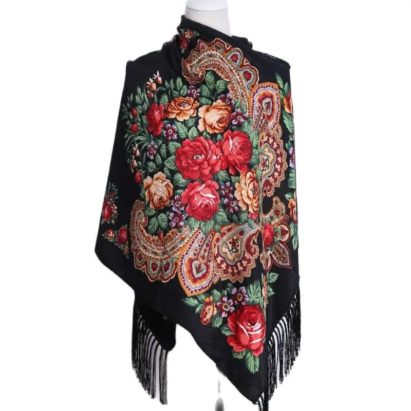 190x65cm Ethnic Women Scarf Long Floral Print Ukrainian Embroidery Hijab Head Wrap Winter Warm Shawl Fringe bandana