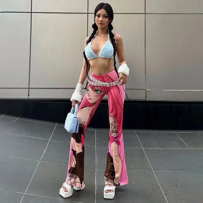 

European and American Style Spring Women's New High-waisted Digital Print Slim Horn Yoga Flared Pants Women Personality Street