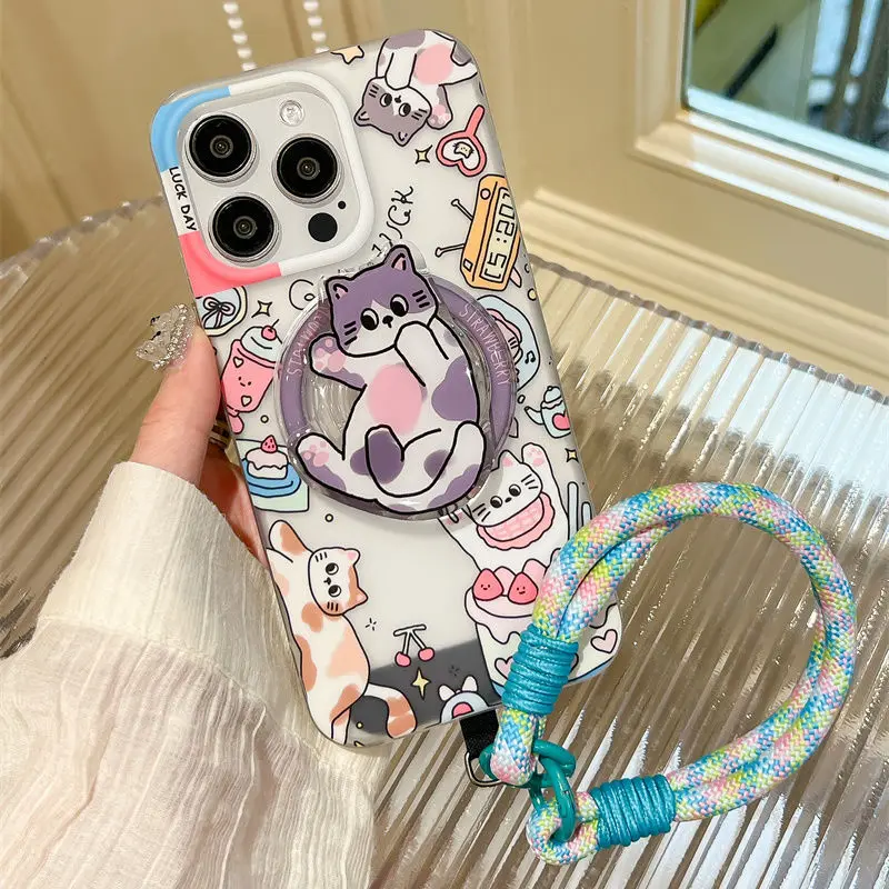 Schattige Cartoon Kat Magnetische Telefoonhouder Magnetische Telefoonhoes Met Telefoon Lanyard Exquise Set Geschikt Voor Iphone 14 15 Pro Max