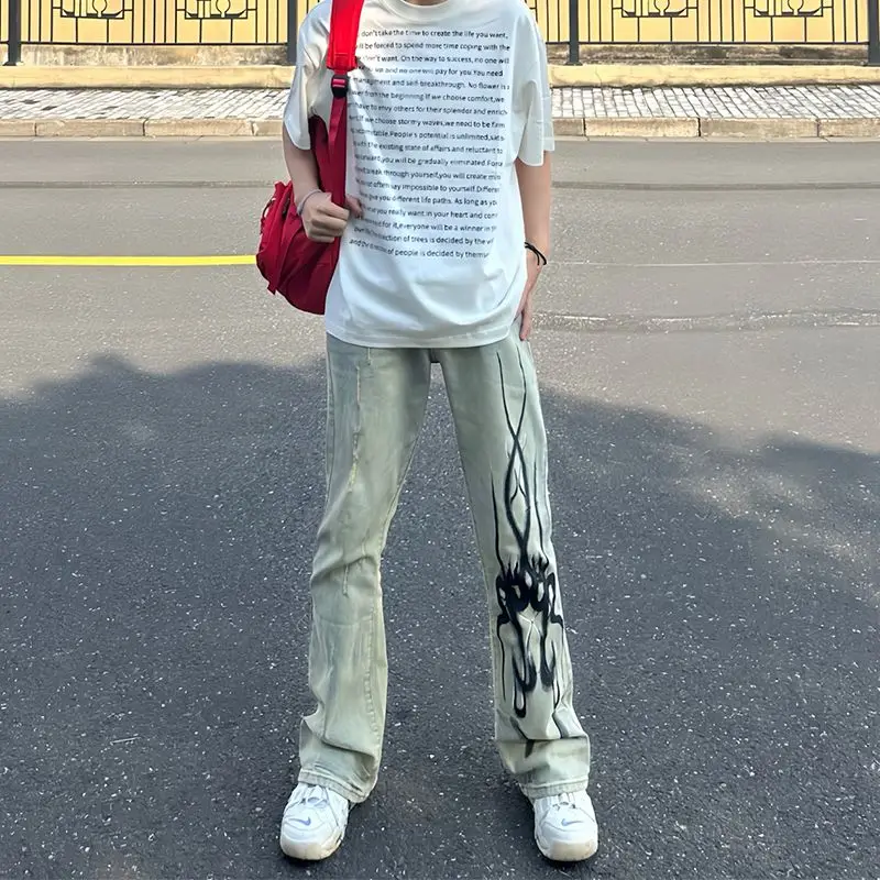 

Американские винтажные джинсы-клеш с эффектом потертости и принтом в виде следов огня, мужские, зауженные, удлиненные, повседневные, с низкой посадкой