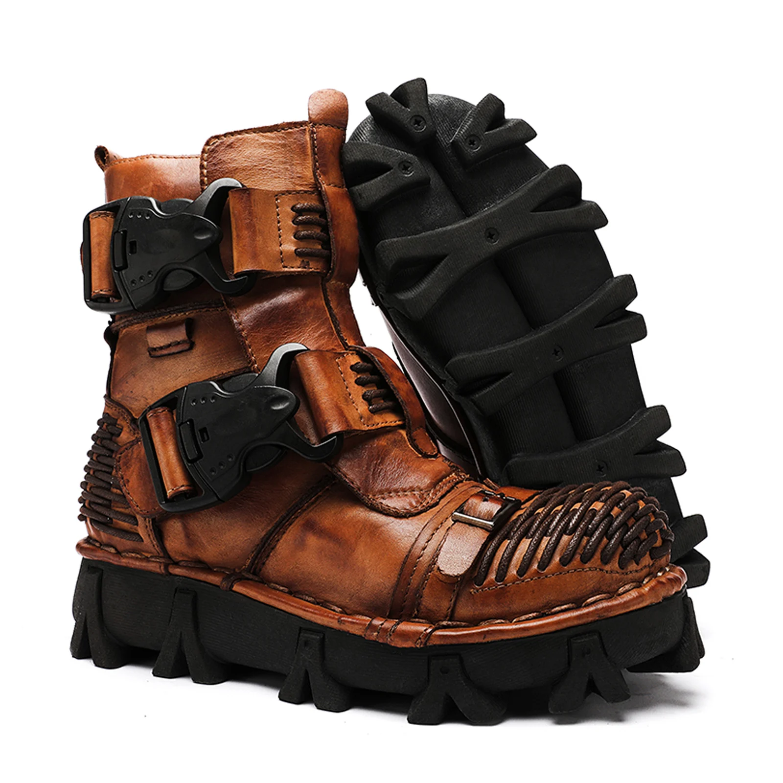 Fashion Genuine Leather Men's Buckle Strap Goth Skull Motorcycle Boots Winter Retro Western Cowboy Mid-calf Riding Boots