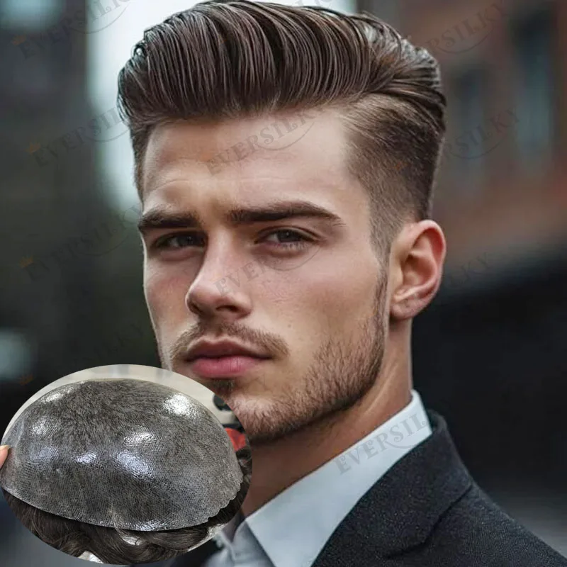 

# 2 # Европейский мужской парик-накладка из 100% натуральных волос, коричнево-русый, прочный, с имитацией кожи головы, протез для волос, система восстановления волос с естественной линией роста волос