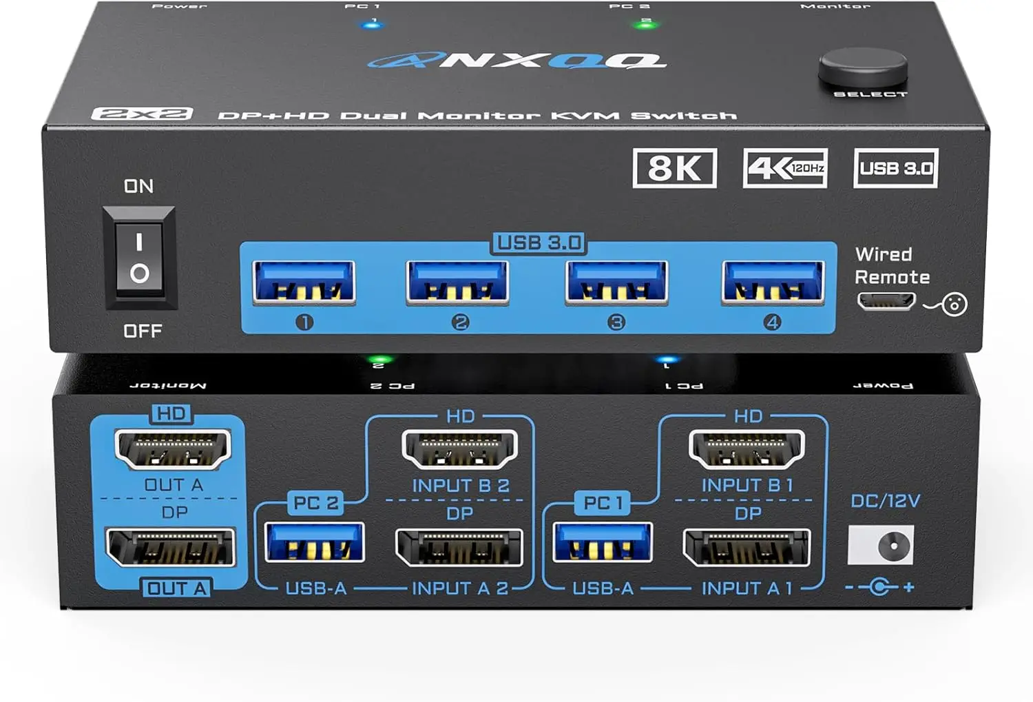 

8K KVM Switch 2 Monitors 2 Computers DisplayPort and HDMI, 8K@60Hz 4K@144Hz KVM Switch Dual Monitor with 4 USB 3.0 Ports