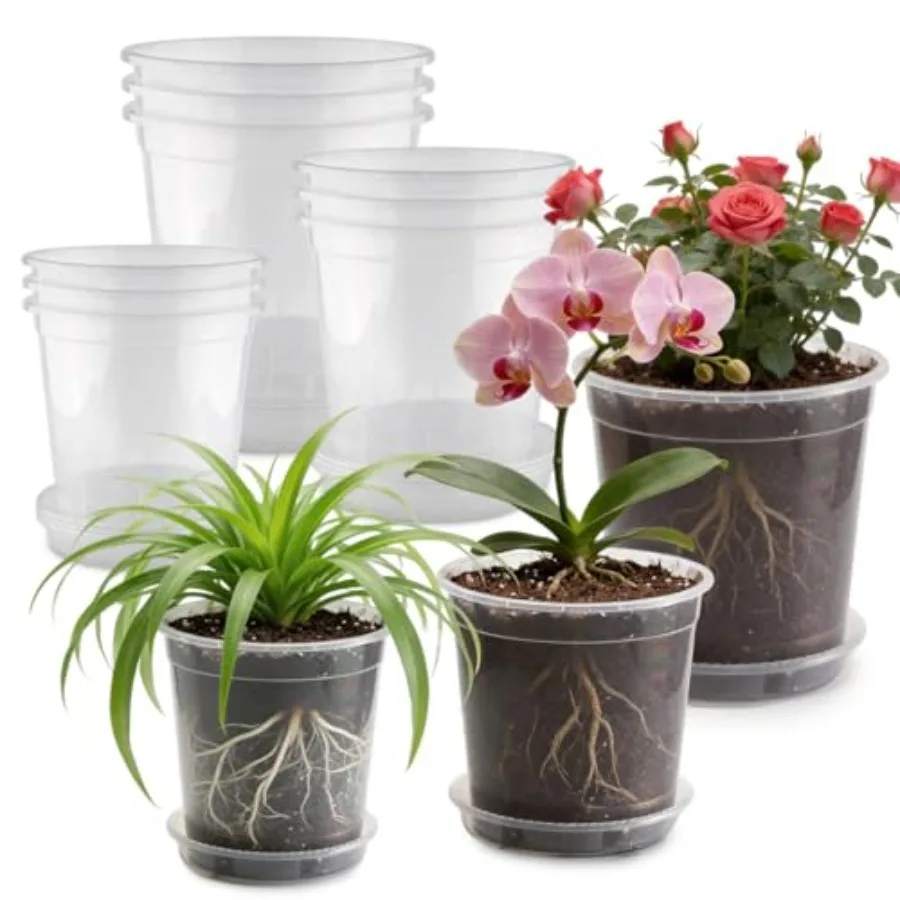 Nursery application, plastic material, clear color, 4-size set with drainage holes and saucers for 1/2/3/5 gallon pots