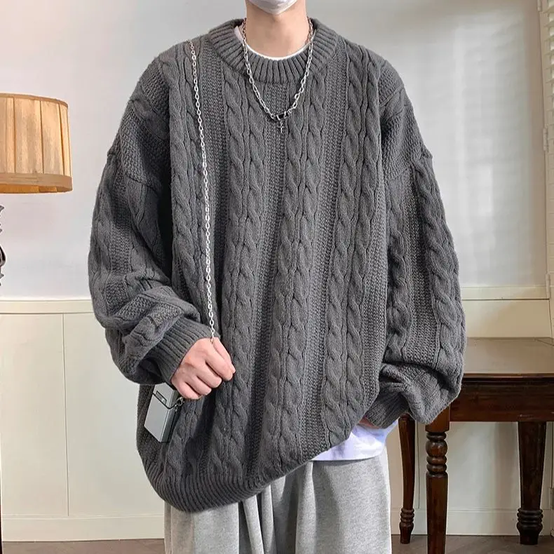 Solid Colour Ribbed Twist Pattern Round Neck Pullover Sweater Men Women Autumn Winter Couple Loose Knitted Woolen Top Warm Soft