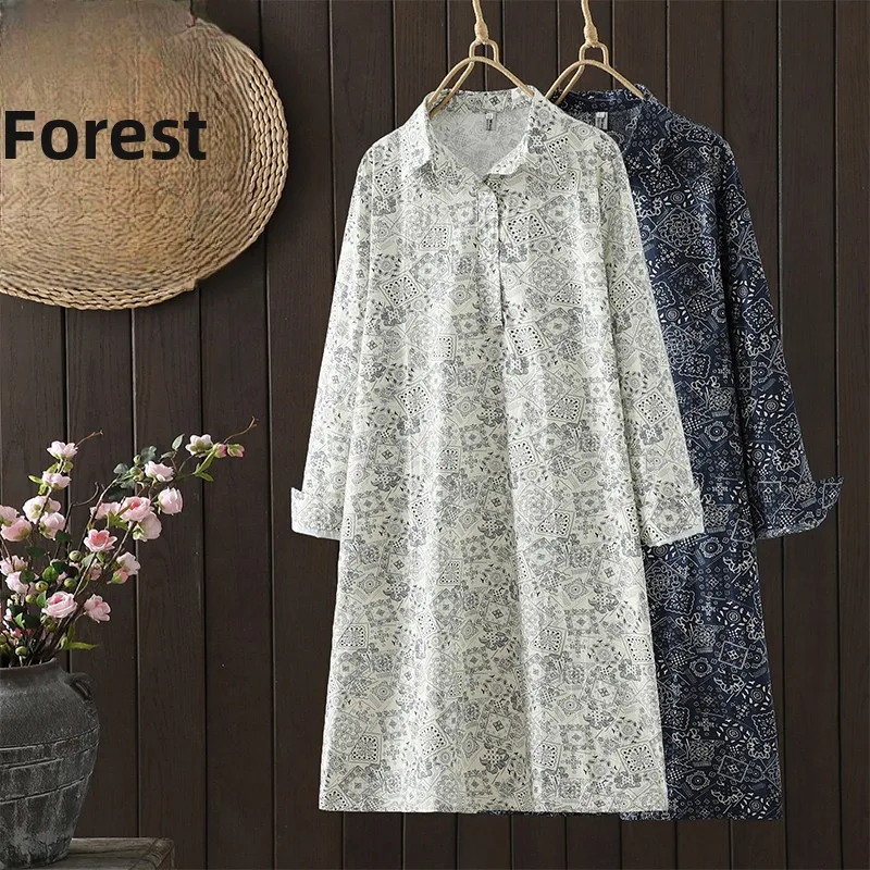 

Spring New plus Size Shirt Dress Midi Pure Cotton Floral Print Casual Mid-Year Mom Dress A-Line Skirt Long Sleeve Collar
