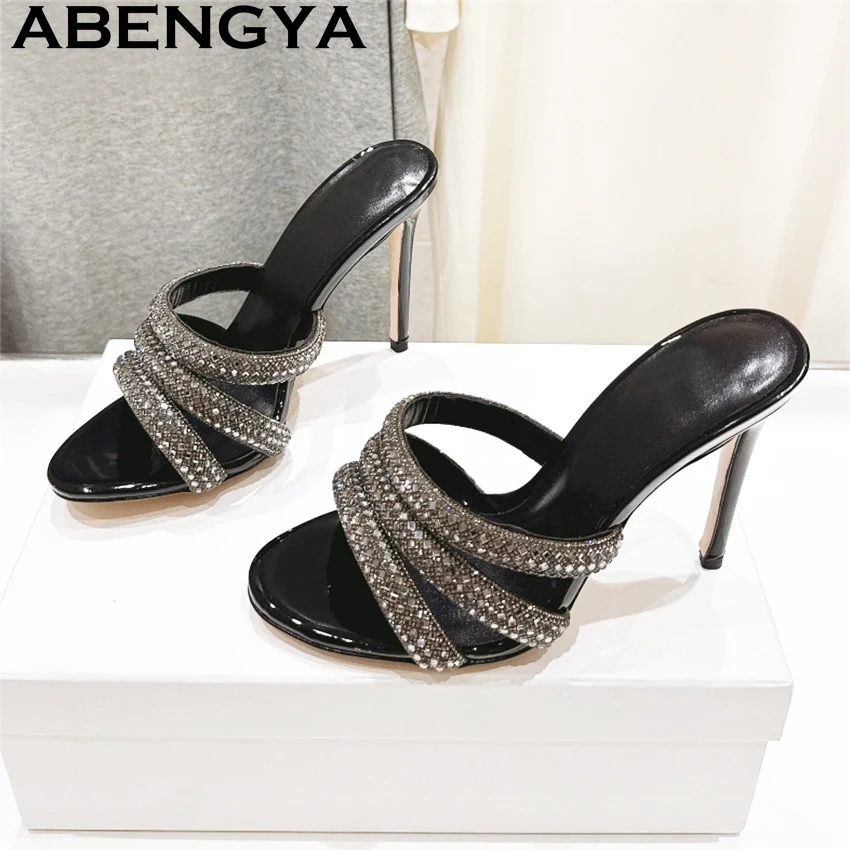 

ABENGYA Shiny Crystal Thin High Heel Slippers Women Luxury Rhinestone Open Toe Slingback Slippers Summer Dress Party Shoes Mujer