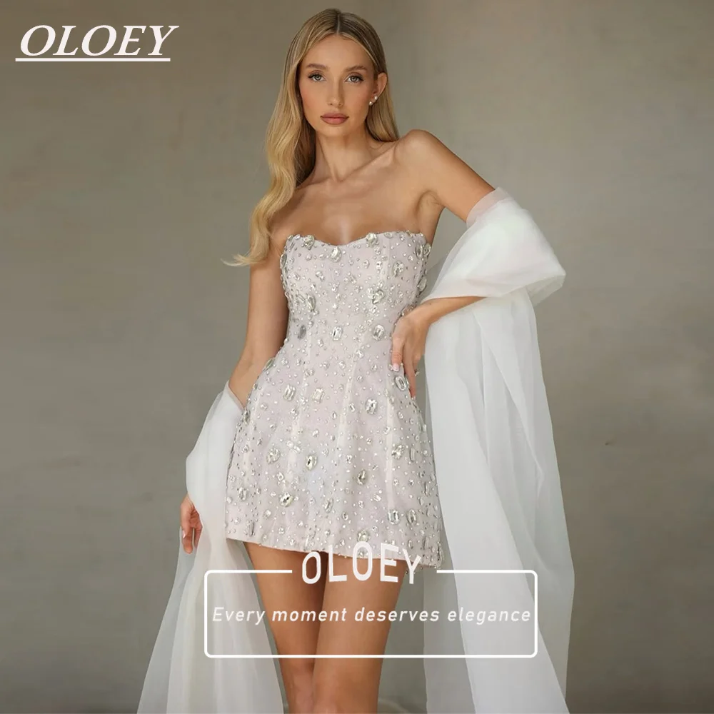 OLOEY Luxury Strapless A-Line Short Wedding Dress with Tulle Scarf Hand Sewing Crystals Mini Bridal Gown Customized Robe De Mari
