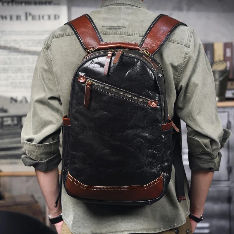 Genuine Top Grain Leather luxury Backpack Men Women 15 Inch Laptop Compartment Suitable Commute Casual Use Travel schoolbag