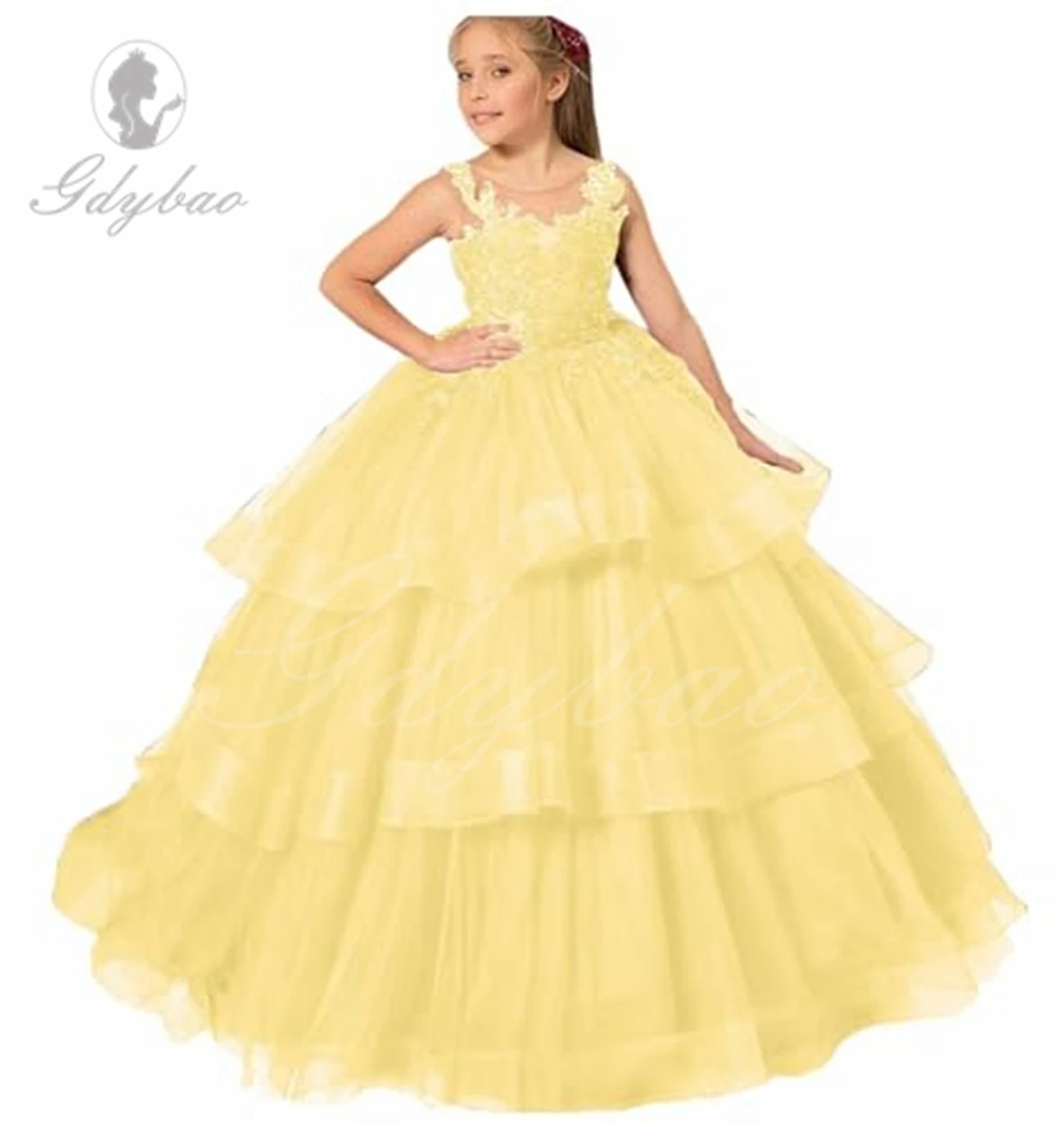 Yellow Flowers Girl Dresses Tulle Puffy Appliques Layered Sleeveless Tail for Wedding Birthday Banquet Princess Dresses