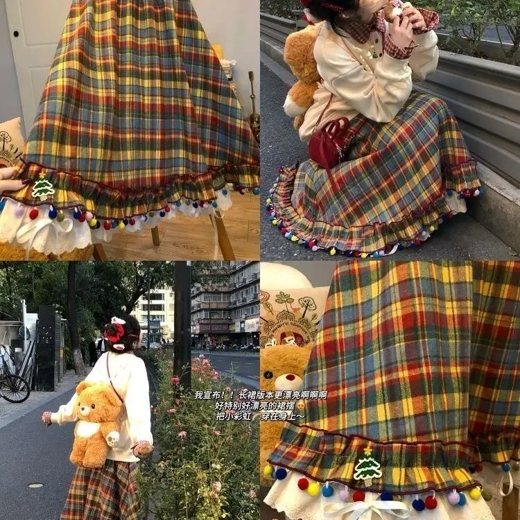 Christmas candy beans Retro festive color plaid pleated skirt half skirt