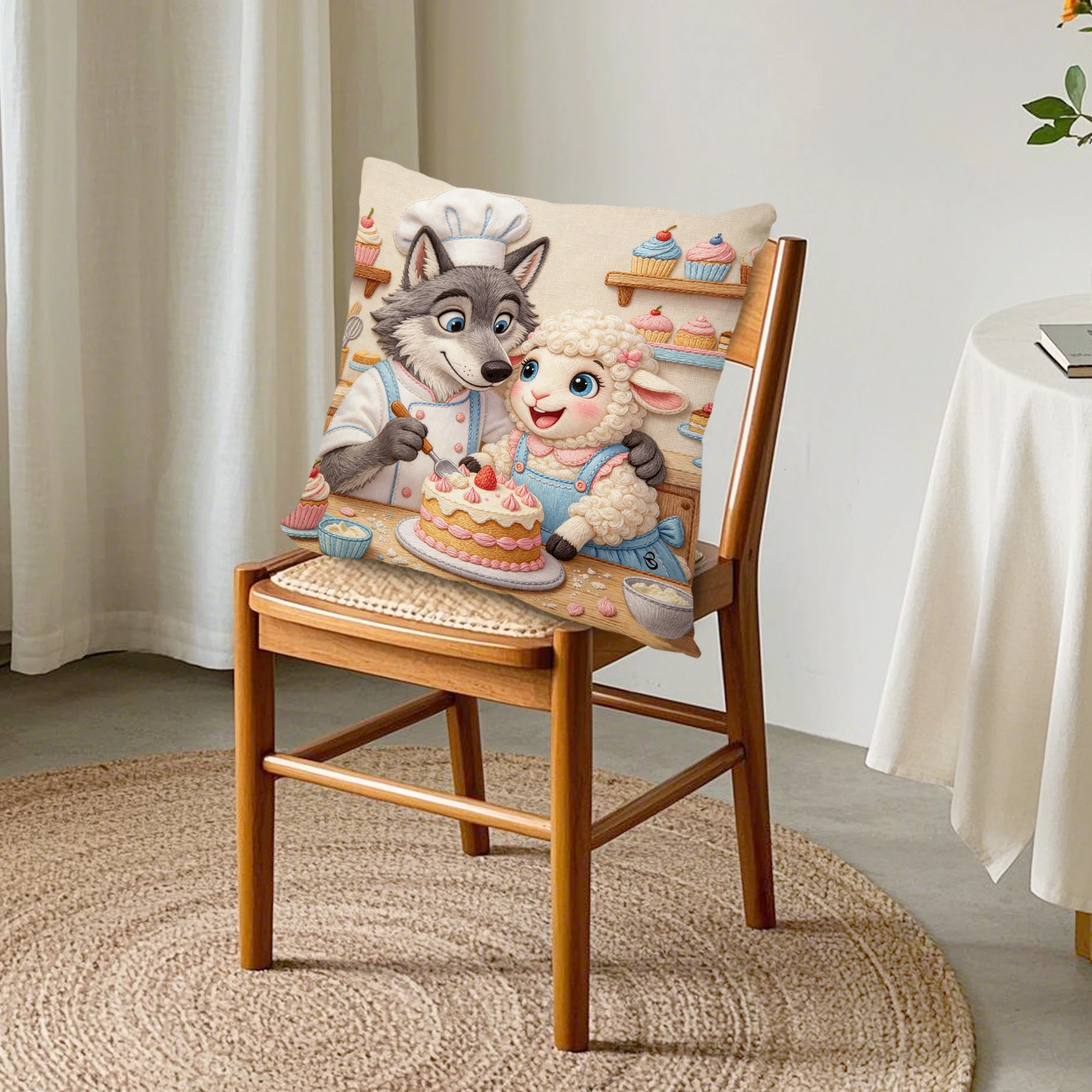 Cute Wolf Lamb Faux Embroidery Cushion Cover Fairy Tale Animal Linen Pillowcase Whimsical Farmhouse Decor Sofa Couch Bedroom