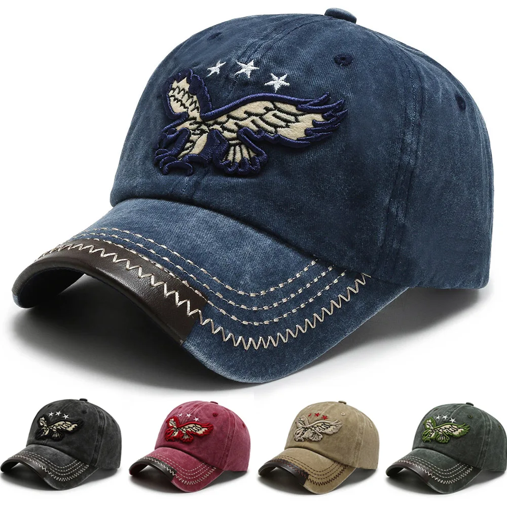 

Four Seasons Men's Washed Cap Casual Cotton Embroidered Caps Curved Brim Bowler Sun Hat Retro Eagle Baseball Hats for Women