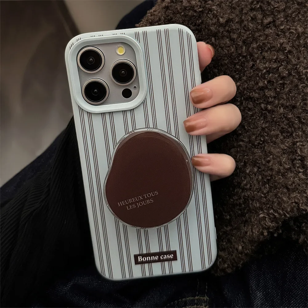 Koreanische Handyhülle mit Streifen, Punkten und Geometrie-Muster mit Ständer für iPhone 17 16 15 14 13 12 Pro Max, stoßfest, schützend, weich