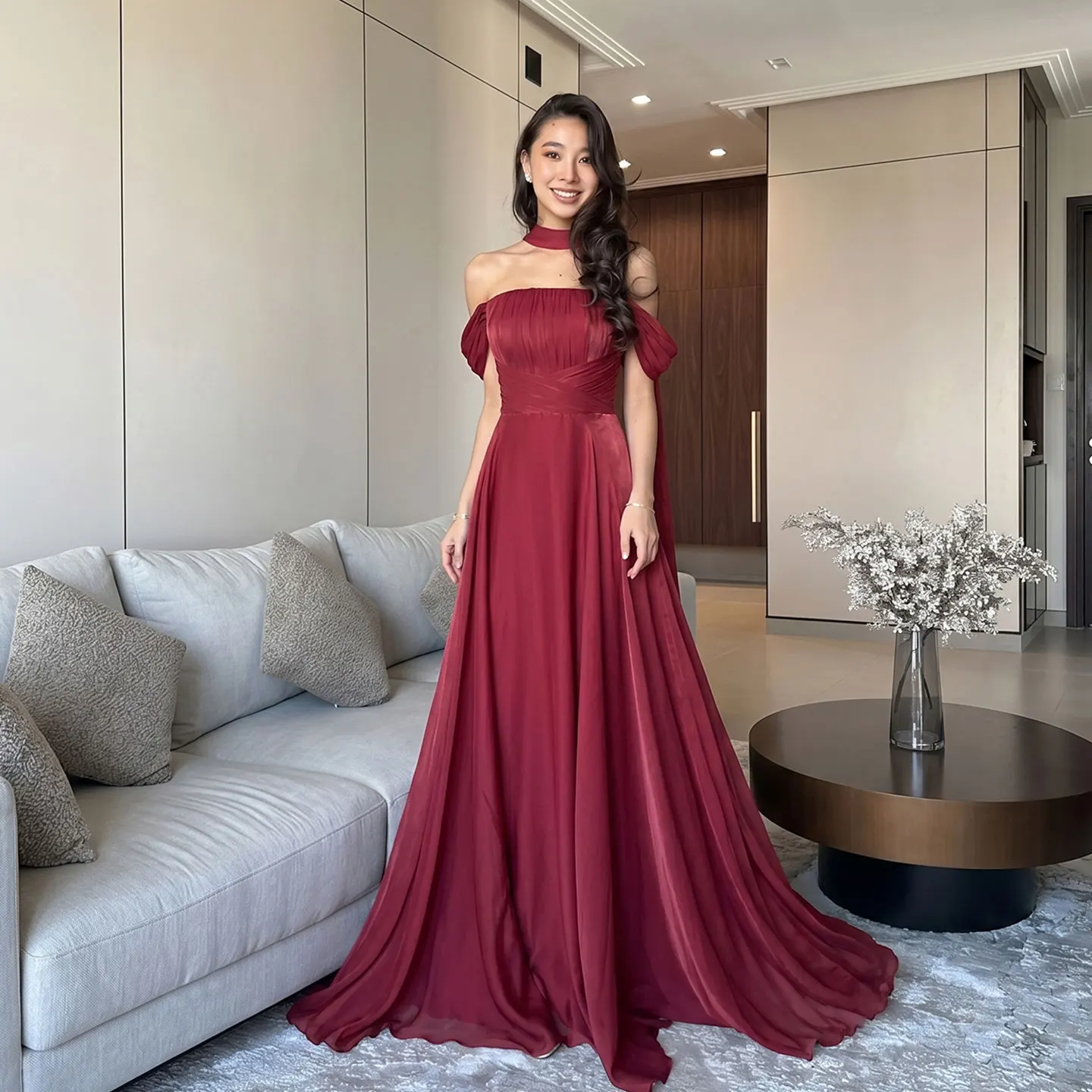 Vestido de Noche con Hombros Descubiertos, Plisado, de Gasa, Corte A, con Pañuelo, Estilo Árabe Saudí, para Invitadas a Bodas y Graduaciones, Personalizado MN174
