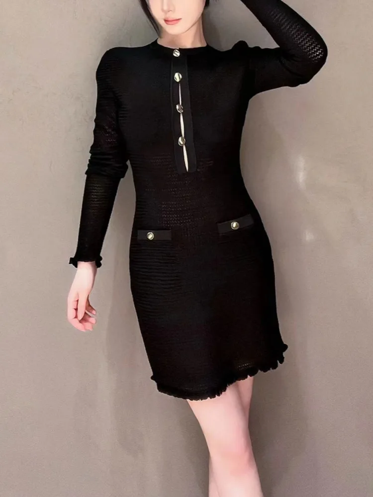 Robe française en tricot creux pour femmes, Style Socialite, robe découpée élégante, coupe cintrée, Design Chic minimaliste, 2025