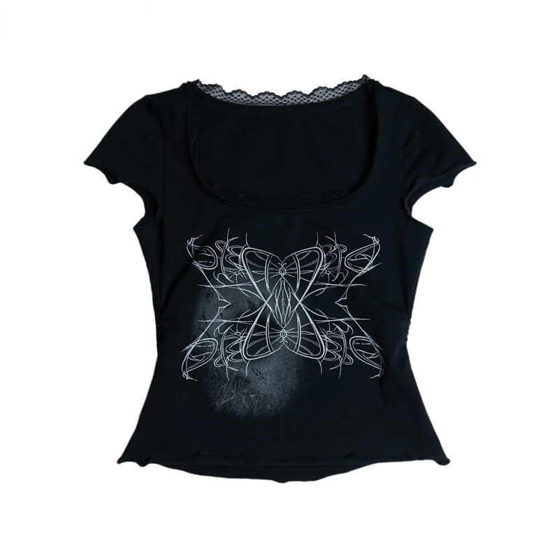 

Vintage Square Collar Lace Tops Women 2025 Summer New Prin T-shirts Y2k Grunge Slim Fit Flying Sleeve Black Tee Shirt