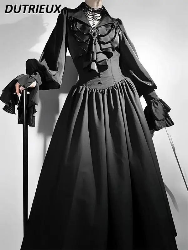 Japanese Gothic Lolita Sweet Girls High-waisted Long Skirt and Horn Long-sleeved Black Shirt Two Piece Set Womens Outfits