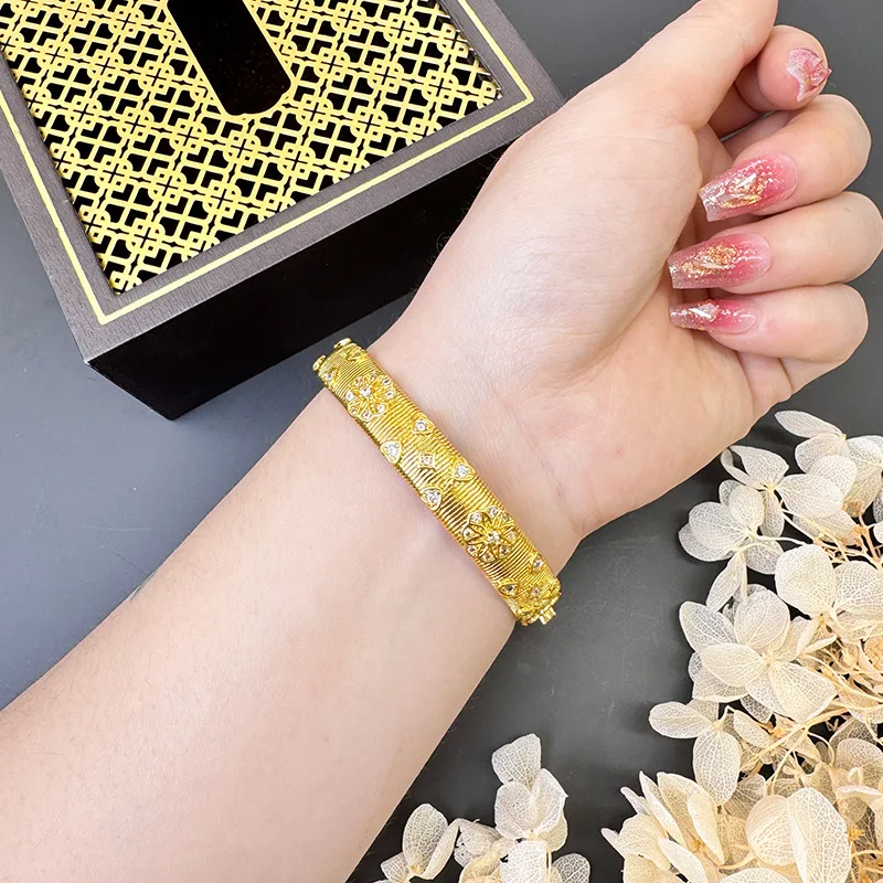 QEENKISS 24KT Gold Luxury Zircon Bracelet Bangle For Women Jewelry Wedding Party Birthday Bride Mother Girlfriend Gifts BT5334