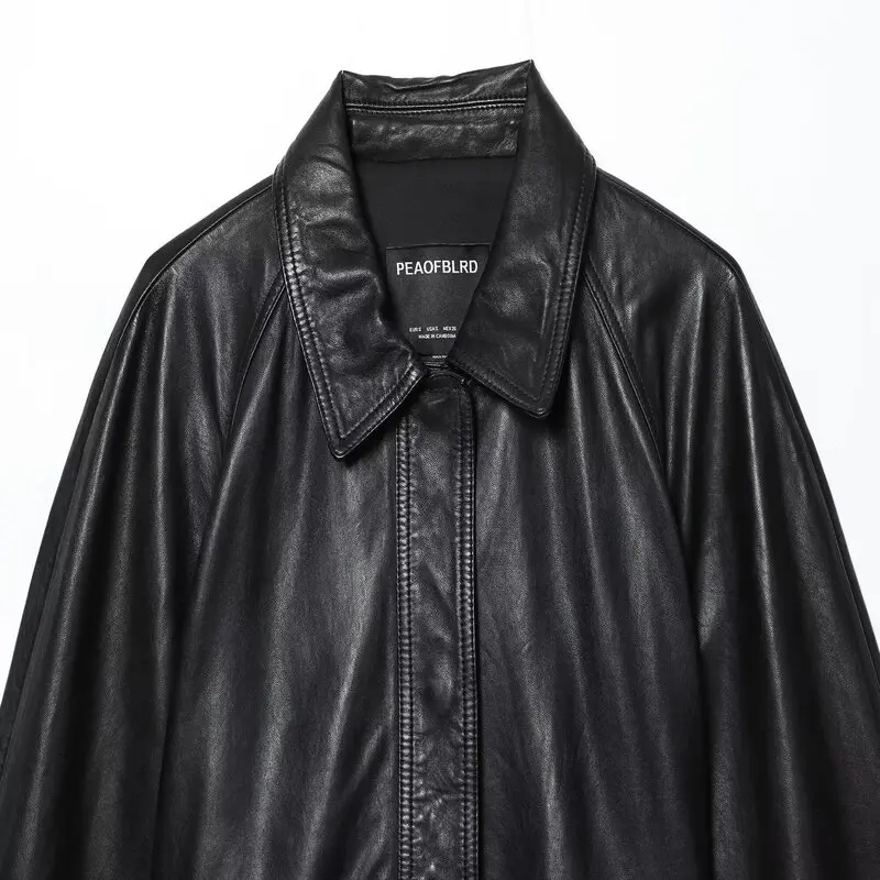 Bla ort Leather Jaet Women's Faionable Versatile Winter New Arrival Belted Coat Commute Sle Long Sve Button Closure